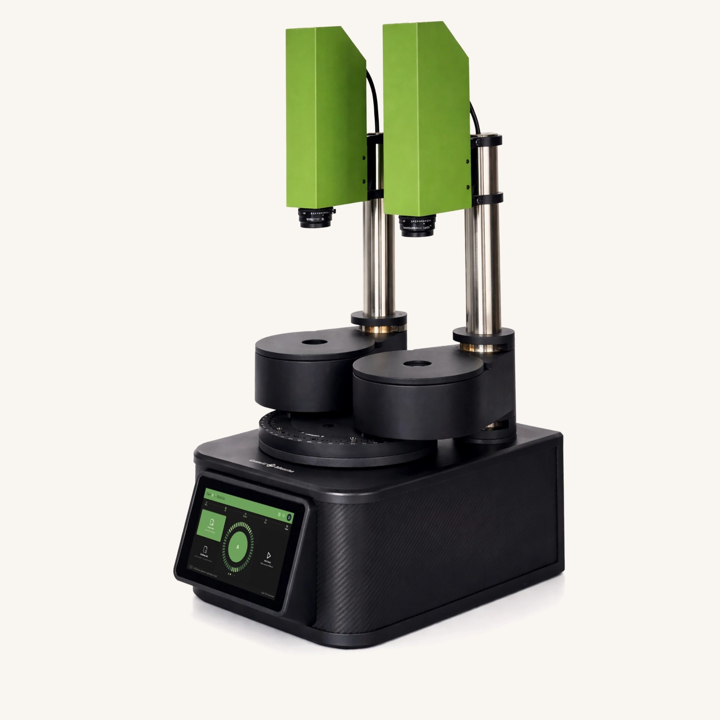 The Matcha machine: two camera heads above a rotating carousel, on a base with a touchscreen